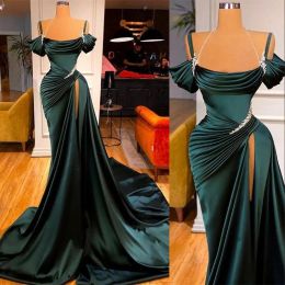 Dresses 2022 Sexy Dark Green Prom Dresses Mermaid Off Shoulder Crystal Beads Short Sleeves Zipper Back Evening Dress High Side Split Party