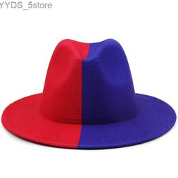 Wide Brim Hats Bucket Red and blue patch work wool felt jazz Fedora hat for womens unisex wide Panama party Trilby cowboy mens gentleman wedding yq240407