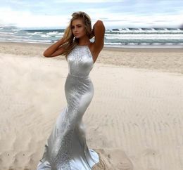 Elegant Silver Lace Satin Mermaid Evening Dresses Jewel Neck Beading Criss Cross Back Sexy Evening Gowns Backless Prom Dresses3368330