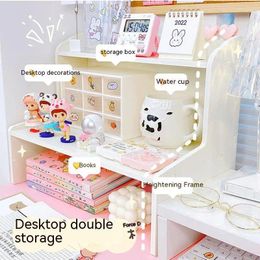 Hooks Desktop Storage Rack Double Layer Wooden Minimalist Bookshelf Desk White Girl Heart Student Cosmetics Box