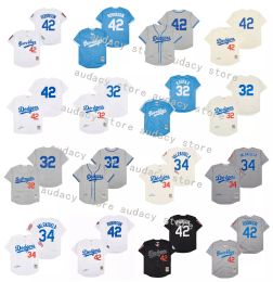 Free shipping Baseball Jersey 42 Jackie Robinson Brooklyn 32 Sandy Koufax 34 Fernando Valenzuela Los Black Cream Angeles White Grey Size S-4XL