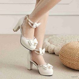 Kleiderschuhe Frauen Kawaii High Heels Bogen Faux Pearl -Knöchel -Gurt -Plattform Block Heels Vielseitige Kleiderpumpen