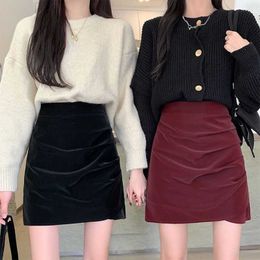 Irregular Pleated Velvet Leather Korean Version Half Length Skirt Short for Women in Autumn and Winter High Waisted Slim Wrapped with Buttocks