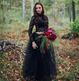 Gothic Black Wedding Dress Country Two Pieces Illusion Lace Top High Neck Long Sleeve Halloween Wedding Dresses Tulle Bridal Gowns1586072