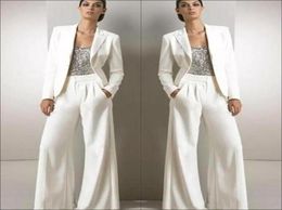 White Long Sleeves Sequined Formal Party Mother of the Bride Pant Suits With Jacket Three Pieces Mother of Groom Pant Suit BA92057269894