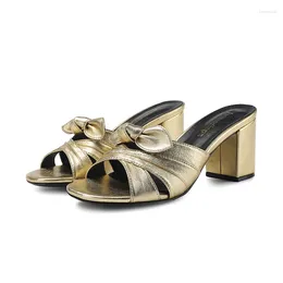 Slippers Women's Bow Tie High Heels 2024 Summer Luxury Gold Open Toe Sandals Casual Outdoor Herringbone Slippers34-44