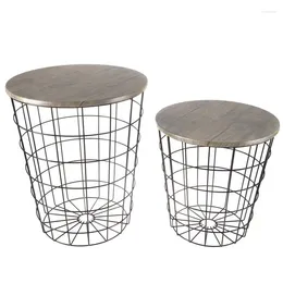 Teaware Sets End Table Accent Side With Storage Set Of 2 Convertible Round Metal Basket Base Veneer Top