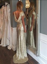 New Arriva Gold Sequined Sheath Cap Sleeveless Long Bridesmaid Dresses for Wedding Party In Stcok Prom Dresses4237099