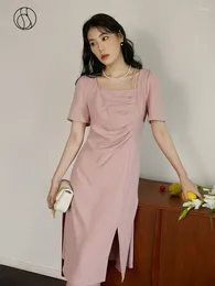 Party Dresses DUSHU Sweet Elegant Square-neck Pink Dress For Women Summer Front Slit High Waist Slimming Long Skirt Age-reducing Female