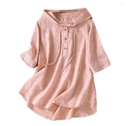 Women's Blouses Women Top Stylish Hooded T-shirt With Buttons Embroidery Casual Loose Fit Blouse Drawstring Vintage For