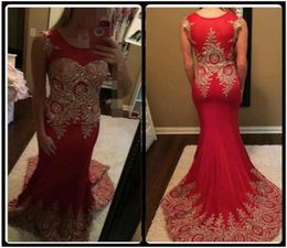 New Arrival Red Tulle Mermaid Prom Dresses 2020 Custom Made Gold Lace Appliqued Formal Long Summer Prom Gowns Vestidos De Baile4316161