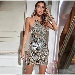 Sequin Dress Summer Women Sleeveless Sparkly Sexy Mini Bodycon Dresses Mirror Glitter Party Evening Halter 240327