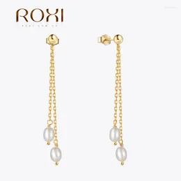 Stud Earrings ROXI 925 Sterling Silver Double Chain Tassel Ear Studs Earring Elegant Round Pearl Dangle For Women Jewellery