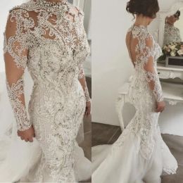 Dresses Luxury Rhinestones Mermaid Wedding Dress Bridal Gowns High Neck Beaded Lace Applique Long Sleeves Wedding Dress Sexy Tulle Long Br