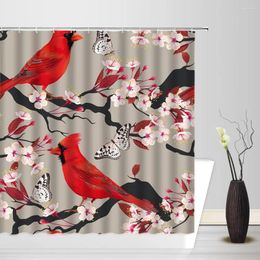 Shower Curtains Red Floral Birds Curtain Cherry Blossom Cardinals Tree Branch Spring Flower Nature Fabric Bathroom With Hooks