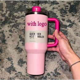 Stanleliness PINK Flamingo 40oz Quencher H20 Coffee Mugs Cups outdoor camping travel Car cup Stainless Steel Tumblers Cups with Silicone handle Valentines Day X25Z