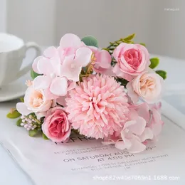Decorative Flowers Simulation 6 Head Combination Rose Hydrangea Bouquet Home Wedding Pography Props Fake Living Room Decoration
