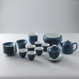 Teaware Sets Chinese Kongfu 6 Persons Tea Set Gaiwan Navy Blue White Bone Porcelain Ceramics Teapot Sugar Bowl Gift Matcha Dinner Cer