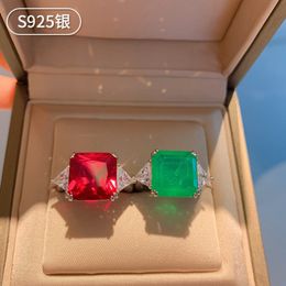 Fashion Jewelry Red Gemstone Emerald Square Ring Silver 925 Lady Elegant Style Size 12X12