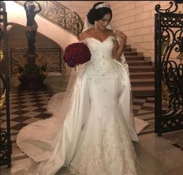 Dresses 2019 Elegant Beaded Lace Wedding Dresses With Detachable Train Off Shoulder Mermaid Bridal Gowns Applique Ivory Satin Wedding Dres