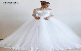 Bateau Neckline Off Shoulder Half Sleeve Bride Dresses Lace Bodice Ball Gown Long Tulle Wedding Dress White Bridal Gowns Women4518193