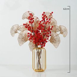 Decorative Flowers Chinese Metal Frame Glass Vase Red Fortune Fruit Year Decoration Home Livingroom Furnishing Crafts Coffee Table