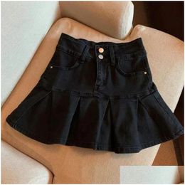 Kjolar vårens höstflickor veckad kjol baby denim barn skort barn mode bot ruched mjuk 3-14y blå 240329 droppleverans modern otjdv