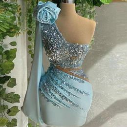 Ligth sky Short Prom Dresses Homecoming Dresses One Shoulder Sparkly Sequins Hand Made Flowers Women Party Dresses8632010