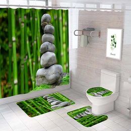 Shower Curtains QWE123 Green Bamboo Printed Polyester Curtain Four-piece Set El Home Bathroom Three-piece Beautifully Decora