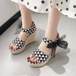 Dress Shoes Women Wedge Sandals Summer Knot-bow Platform Sandal Ankle Strap Peep Toe High Heels Thick Bottom Casual Ladies Pumps
