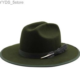 Wide Brim Hats Bucket New Military Green Feather Band Wool Womens Fedora Hat Mens Cowboy Elegant Gangster Trilby Felt Homburg Church Jazz yq240407