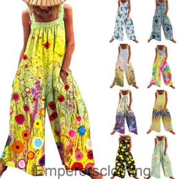 Womens 2024 Summer New Large Print Loose Strap Wide Leg jumpsuit