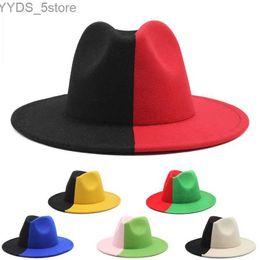 Wide Brim Hats Bucket New Fedora Hat Wool Felt Red and Black Patch Work Style Womens Trilby Derby Luxury Jazz Fedoras yq240407