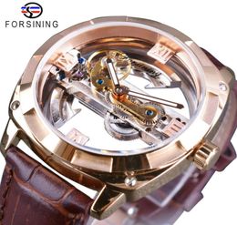Forsining Rose Golden Brown Genuine Leather Belt Transparent Double Side Open Work Creative Automatic Watches Top Brand Luxury9069766