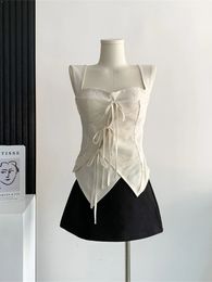 Vintage Lace Patchwork Tie Up Design Women Camisole Fashion White Bow Tank Tops Girls Asymmetrical Vest Clubwear 240328