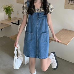 Casual Dresses Summer Korean Style Denim Strap Dress Women Loose Sleeveless Short Overall All-matched Suspenders