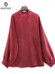 Women's T Shirts Birdtree 50MM Mulberry Silk Women T-Shirt XiangYunSha Balloon Sleeves Stand Neck Retro Loose Blouses Autumn Top T3D454QD