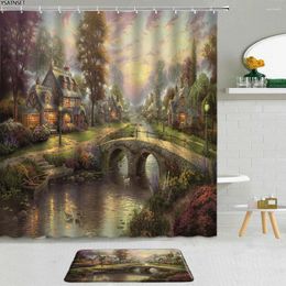 Shower Curtains 2Pcs Fantasy Rural Curtain Woods Bridge Countryside Watercolour Night View Bathroom Decor Non-Slip Bath Mat Set