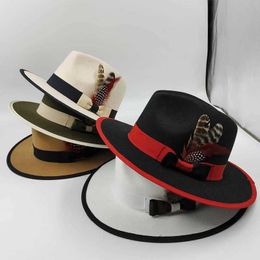Wide Brim Hats Bucket Hats 2023 New Fashion Mens Casual Feather Bow Felt Fedora Hat Unisex Autumn Wide Brim Panama Party Hat Gentleman Girl Elegant Hat Q240403