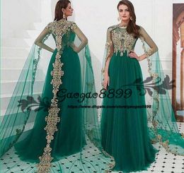 Moroccan Kaftan Evening Dresses Dubai Abaya Arabic Long wrap gold lace applique illusion tulle jewel Neck special Occasion Prom Fo2818560
