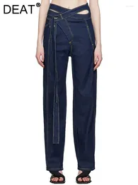 Women's Jeans Fashion Denim Pant High Waist Cross Lace-up Wahed Wide-leg Floor-length Cotton Autumn 2024 29L2919