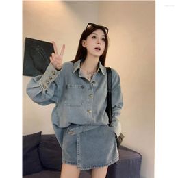 Work Dresses Women Spring Summer Fashion Denim Suits One Breasted Long Sleeve Loose Jean Blouses High Waist A-Line Shorts Skirt Leisure Sets