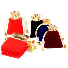 Jewellery Pouches 10pcs/lot 7x9cm 9x12cm 12x16cm Vintage Velvet Bag Gold Colour Trim Drawstring Red Gift Bags Wedding Packaging