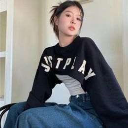 Letter Black Pullover Sweatshirt Womens Spring Summer Retro Female Crop Top Fashioon Streetwear Long Sleeve Oversized Hoodie 240327