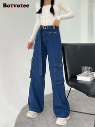 Women's Jeans Botvotee Blue For Women 2024 Fashion Streetwear Cargo Pants Chic Belt High Waisted Full Length Y2k