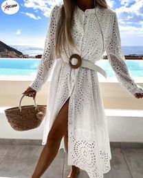 Casual Dresses PULABO Elegant Hollow Out Lace Solid Office Lady Slit Button Shirt Summer Spring Long Sleeve Tennis Beach Robe Female Dress