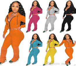 Fall Sportswear Women Tracksuits Fashion Zipper Hooded Sweater Crop Top Stacked Pants Suit Sports Outfits 2 Pieces Set XXL7822863