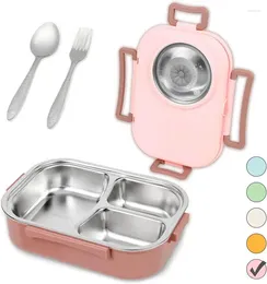 Dinnerware Stainless Steel Bento Lunch Box Containers With 3 Compartments And Reusable Sauce Bowl Fork Spoon For Kids Adults