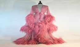 Pink Womens Robe Feather Nightgown Bathrobe Sleepwear Bridal Robe with Belt V Neck Party Gifts Bridesmaid Dress7137529