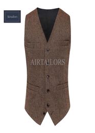 2019 Rustic Wedding Brown Wool Tweed Vest Men British Style Groom Vests Custom Made Mens Suit Vests Prom Wedding Waistcoat Mens Dr4803305